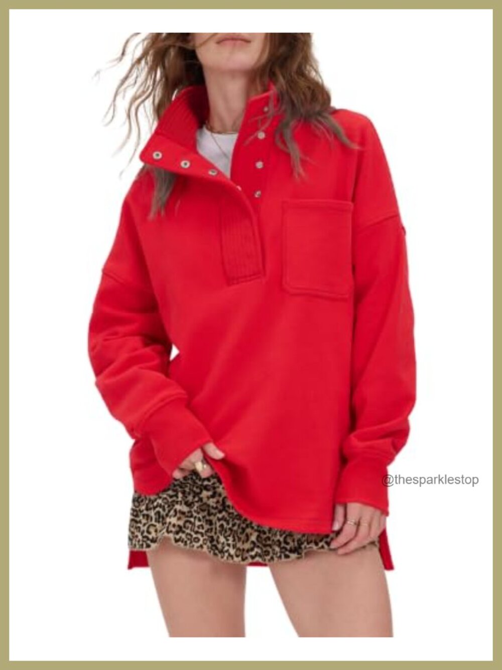 Oversized Henley Neck Snap Button Sweatshirt Slouchy Fit Cozy Pullover